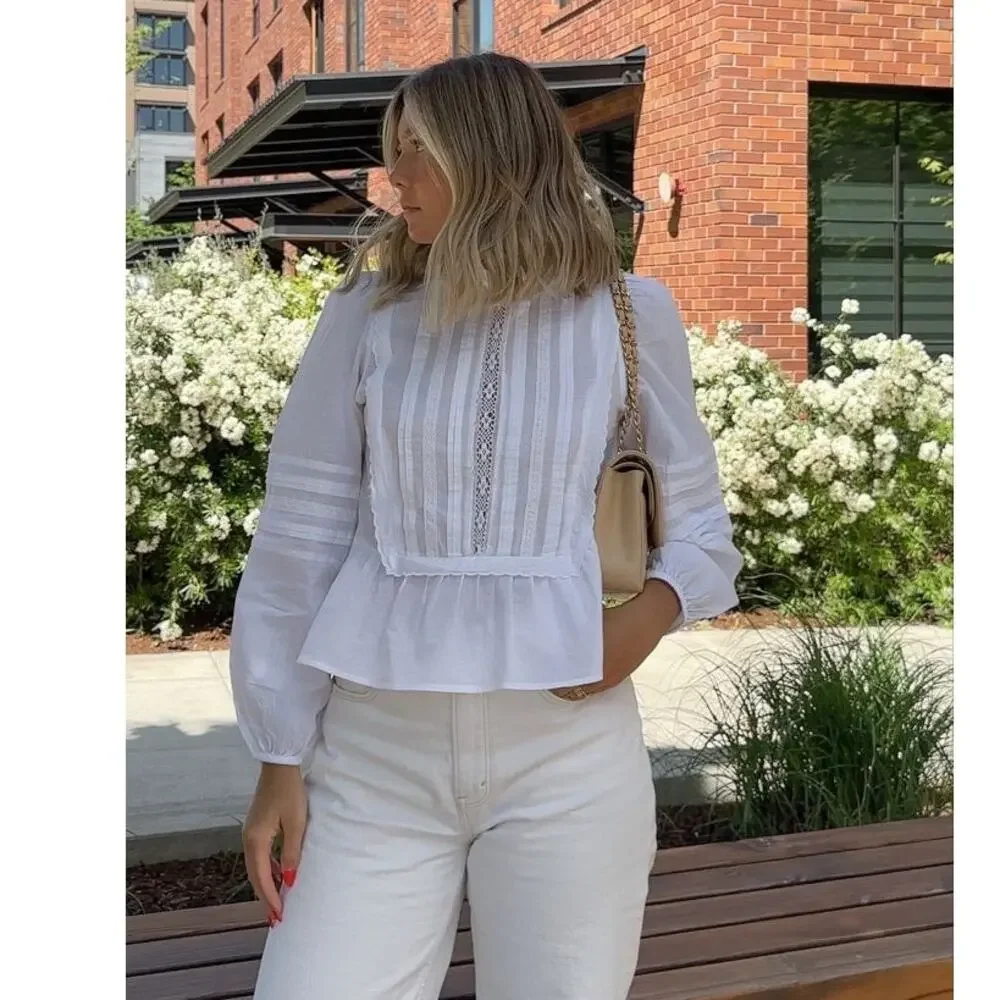 Zara Cotton Victorian Lace Trim Peplum Top White Long Sleeve Small